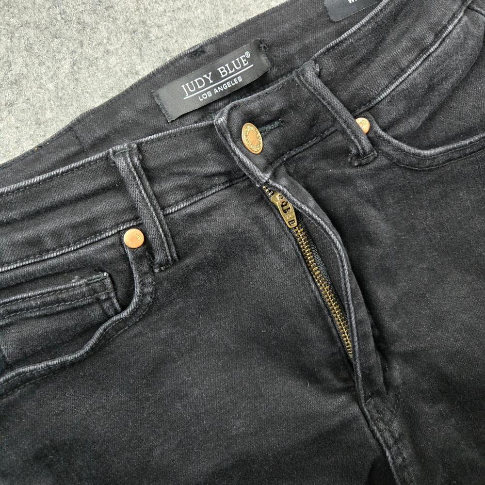 Judy Blue Wide Crop Jeans Womens 7/28 Black Raw Hem High Rise Stretch Denim - Picture 2 of 12